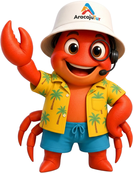 Mascote caranguejo da AracajuTour com chapéu, apresentando o Oráculo dos passeios em Sergipe